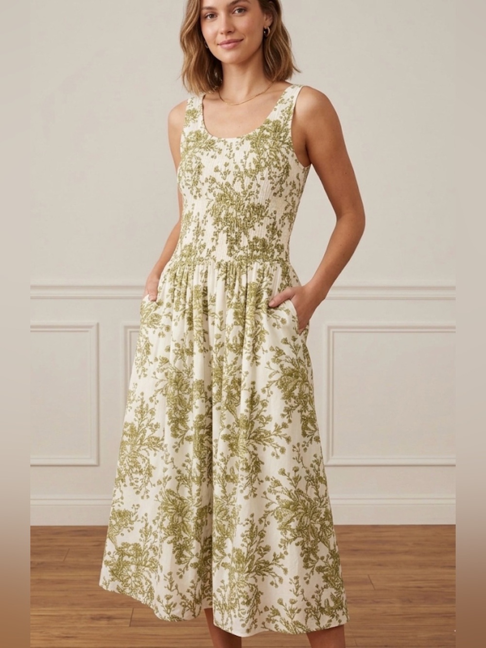 MEADOW RHODES Olive Green Floral Smocked Midi Maxi Dress Medium NWT Cotton
